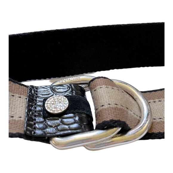 MICHAEL Kors fabric stripe double D ring pull through belt rhinestone accent - Picture 2 of 11
